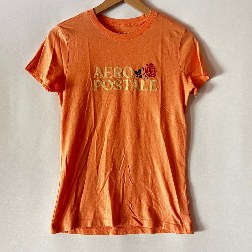 Aeropostale Orange Spell Out Graphic Short Sleeve Tee Shirt Size Large Aesthetic